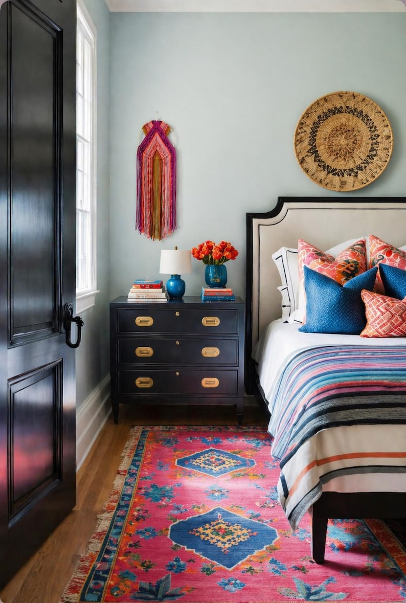 May include: A bedroom scene featuring a black dresser with gold hardware, a vibrant pink rug, and a bed with colorful pillows and a striped blanket. A woven wall hanging and a decorative plate add to the room's decor.
