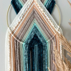 Blue Teal and Beige Yarn Hoop Wall Hanging | Nursery and Dorm Decor | Modern Boho Decor | Macrame Wall Hanging