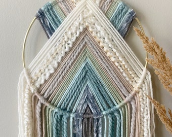 Handcrafted Coastal Yarn Wall Hanging | Boho Beach Decor, Ocean Tones Brass Hoop