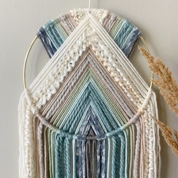 Handcrafted Coastal Yarn Wall Hanging | Boho Beach Decor, Ocean Tones Brass Hoop