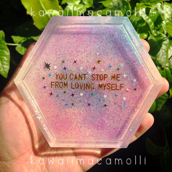 Kawaii Handmade Pastel Pink Purple Blue Bangtan Boys ARMY Idol Glitter Coaster | BTS You Can't Stop Me Loving Myself Gold Foil Trinket