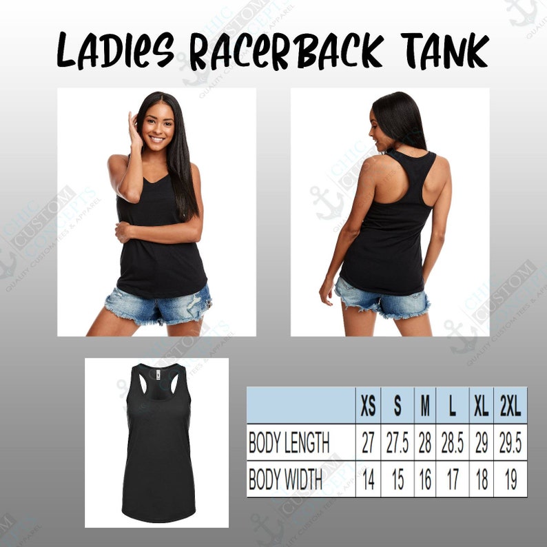 Puede incluir: Camiseta sin mangas negra con espalda de nadador. La imagen muestra la parte delantera y trasera de la camiseta sin mangas en una modelo, y una vista plana de la camiseta sin mangas. El texto "LADIES RACERBACK TANK" est&aacute; en la parte superior. Medidas en cm.