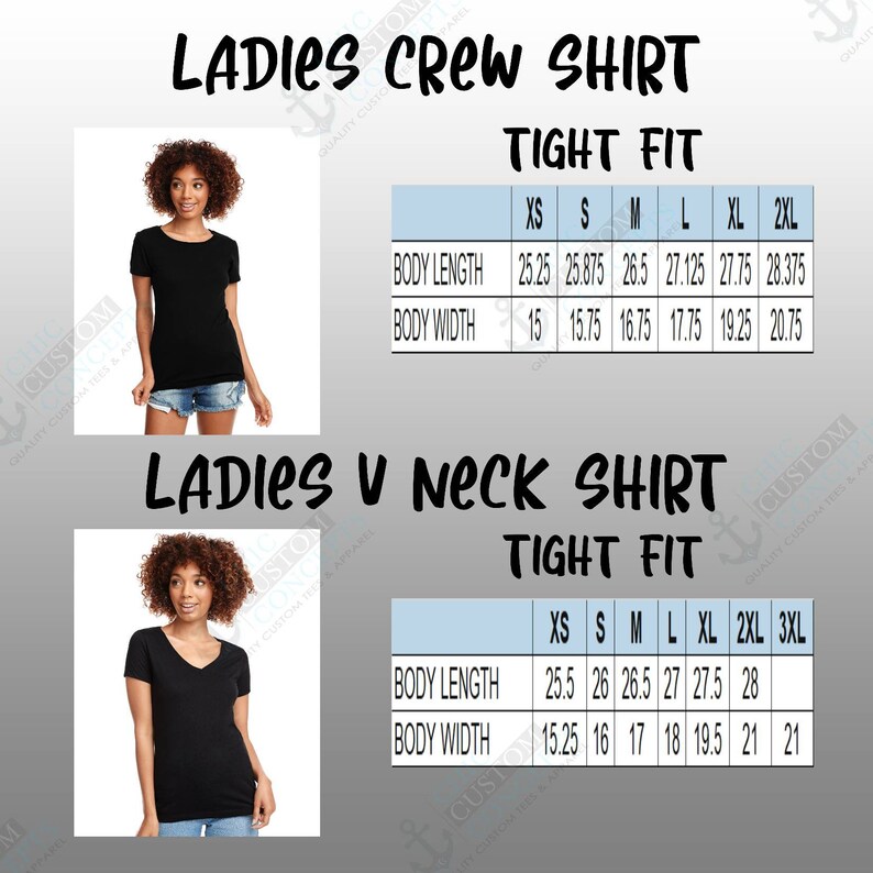 May include: A size chart for women's crew neck and V-neck shirts. The chart shows the body length and width in inches for sizes XS to 3XL.