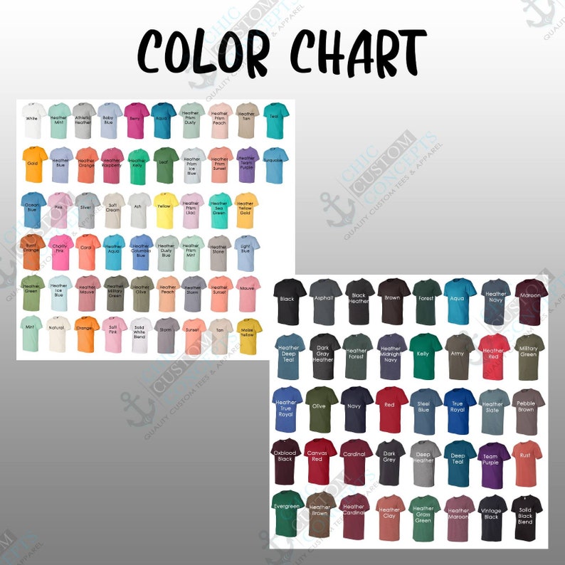 Puede incluir: Carta de colores con una variedad de colores de camisetas. La carta muestra una amplia gama de tonos, desde colores b&aacute;sicos como el negro y el blanco hasta tonos m&aacute;s &uacute;nicos como el verde azulado jaspeado y el negro vintage. El texto "COLOR CHART" est&aacute; en la parte superior.