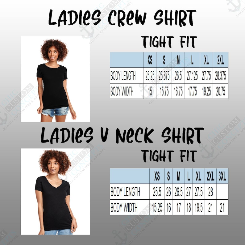 May include: A size chart for women's crew neck and V-neck shirts. The chart shows the body length and width in inches for sizes XS to 3XL.