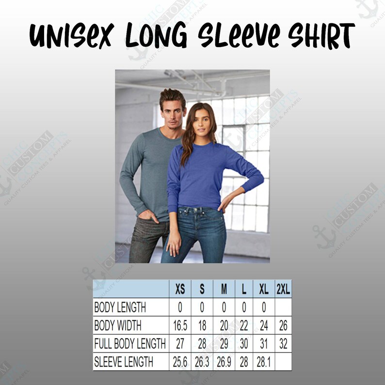 May include: Size chart for a unisex long sleeve shirt. The chart shows measurements in inches for body length, body width, full body length, and sleeve length. Sizes range from XS to 2XL.