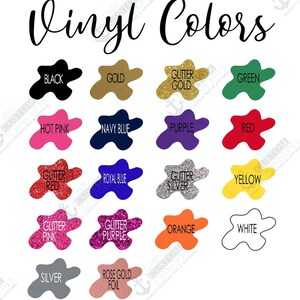 Puede incluir: Carta de colores de vinilo que incluye negro, dorado, dorado con purpurina, verde, rosa intenso, azul marino, morado, rojo, rojo con purpurina, azul real, plateado con purpurina, amarillo, rosa con purpurina, morado con purpurina, naranja, blanco, plateado y oro rosa.