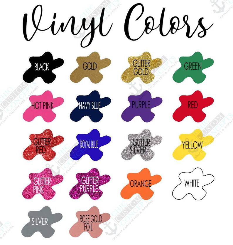 Puede incluir: Carta de colores de vinilo que incluye negro, dorado, dorado con purpurina, verde, rosa intenso, azul marino, morado, rojo, rojo con purpurina, azul real, plateado con purpurina, amarillo, rosa con purpurina, morado con purpurina, naranja, blanco, plateado y oro rosa.