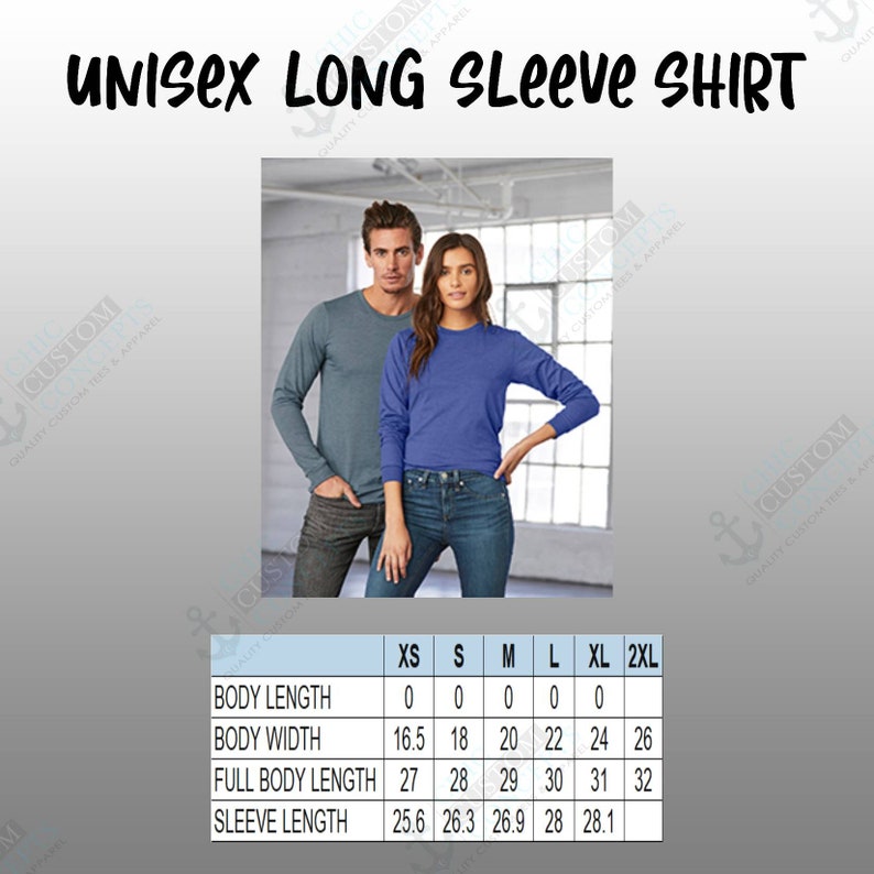 Puede incluir: Camisetas unisex de manga larga en azul y gris modeladas por un hombre y una mujer. La imagen incluye una tabla de tallas con medidas de largo de cuerpo, ancho, largo total del cuerpo y largo de manga en cm. El texto "UNISEX LONG SLEEVE SHIRT" est&aacute; en la parte superior.