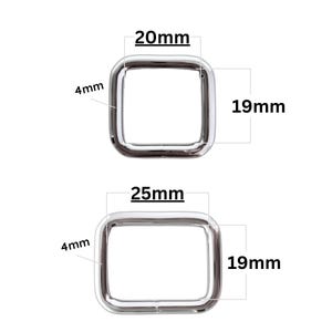 Peut inclure: Deux anneaux carr&eacute;s en m&eacute;tal argent&eacute;. Le petit mesure 20mm x 19mm, avec une &eacute;paisseur de 4mm. Le grand mesure 25mm x 19mm, &eacute;galement avec une &eacute;paisseur de 4mm. Les mesures sont clairement indiqu&eacute;es.