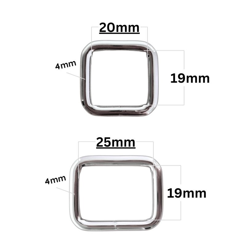Peut inclure: Deux anneaux carr&eacute;s en m&eacute;tal argent&eacute;. Le petit mesure 20mm x 19mm, avec une &eacute;paisseur de 4mm. Le grand mesure 25mm x 19mm, &eacute;galement avec une &eacute;paisseur de 4mm. Les mesures sont clairement indiqu&eacute;es.