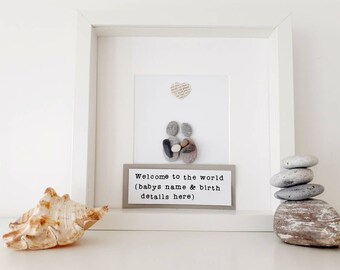New baby, new baby framed art, personalised family pebble art picture. christening gift, birthday present, naming day gift, adoption present