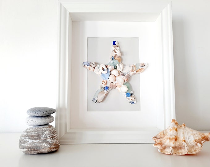 Featured listing image: Starfish wall decor, Starfish created with shells and beach treasures, coastal Starfish, Starfish framed picture, coastal gift home decor.