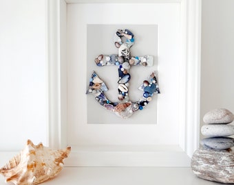 Anchor wall decor, Stunning Anchor created with shells and beach treasures, coastal framed picture, coastal gift home decor.