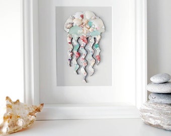 Jellyfish wall decor, Jelly fishcreated with shells and beach treasures, coastal Jellyfish framed picture, Jellies coastal gift, home decor.