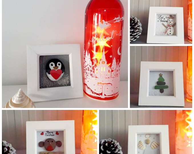 Christmas pebble art picture, cute picture,penguin, Christmas tree, angel, Snowman picture. Mini Christmas pebble art
