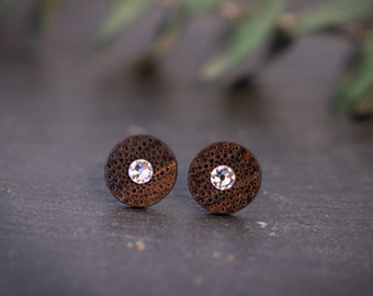 Wooden stud earrings Swarovski, earrings, wooden earrings, wooden stud earrings, gift for her, real wood, stud earrings with stone