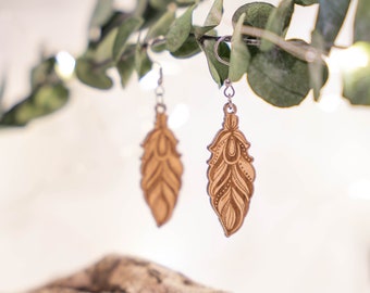 Boucles d’oreilles en bois plume, belles boucles d’oreilles en bois véritable, boucle d’oreille en bois