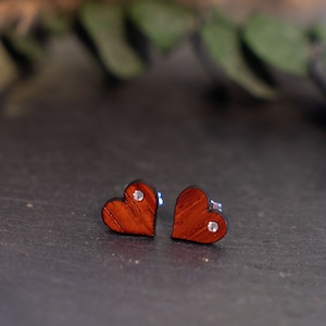 Wooden stud earrings Swarovski, earrings, earrings wood, stud earrings wood, gift for her, real wood, stud earrings heart, different colors