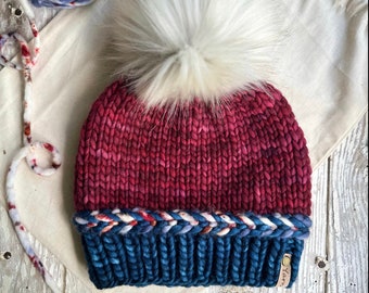 Sports themed merino wool knit hat with faux fur Pom