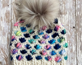 Merino wool knit hat with faux fur Pom