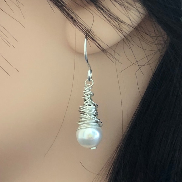 Pearl Drop Earrings, Briolette Wire Wrapped, Messy Beaded Dangle Jewelry