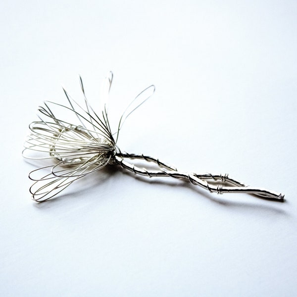 Dandelion Flower Hairpin, Sterling Silver Nature Hair Fork, Wire Wrapped