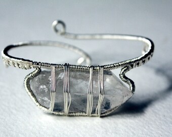 Adjustable Sterling Silver Bracelet, Clear Quartz Crystal, Wire Wrapped