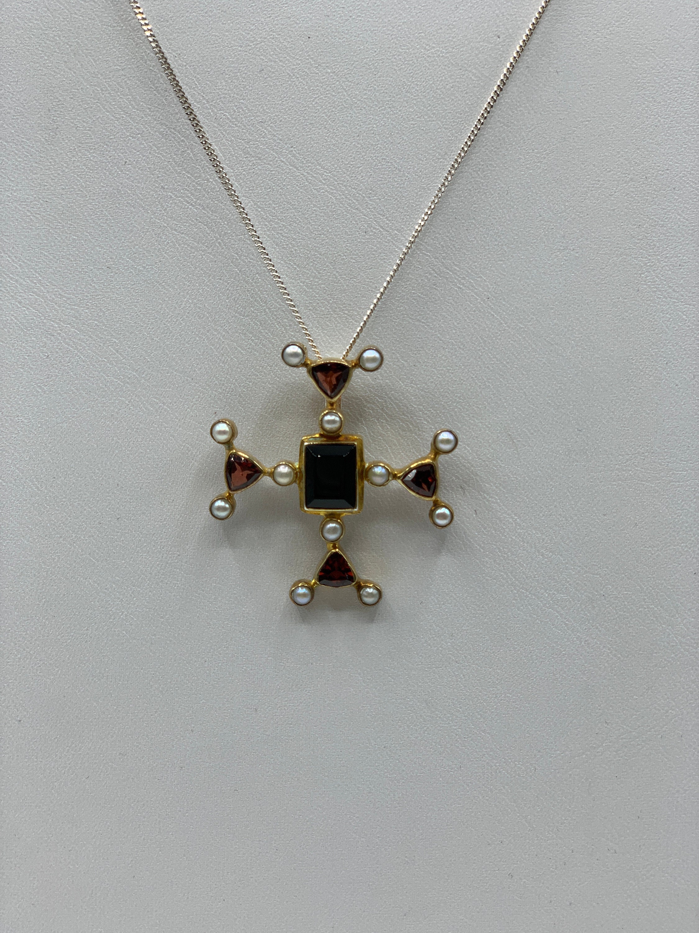 Paula Bolton Sterling Silver Gold Pearl Garnet Cross Pendant | Etsy UK