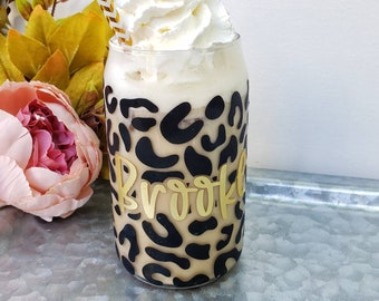 Cheetah Print Beer Can, Personalized Leopard Beer Can Glass witb Lid, Leopard Beer Can Glass with Name, Personalized Glass Can