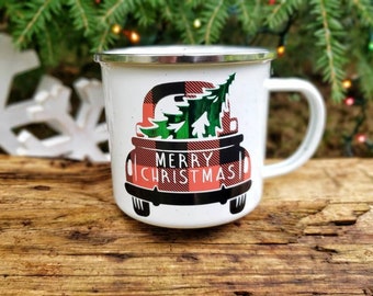 Merry Christmas Coffee Mug, Buffalo Plaid Truck Mug,  Holiday Coffee Mug, Hot Cocoa Mug, Stocking Stuffer, Christmas Gift