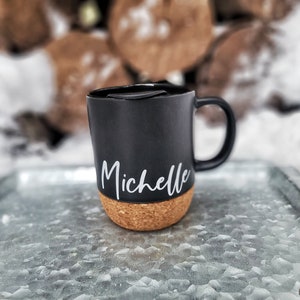 Custom Coffee Mug, Personalized Coffee Mug with Lid, Cork Bottom Mug with Lid, Personalized Mug with Name, Minimalist, Black Matte Mug