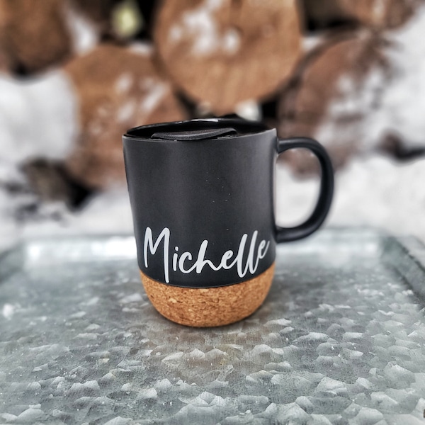 Minimalist Personalized Ceramic Cork Bottom Coffee Travel Mug with Lid: To Go Coffee Cup