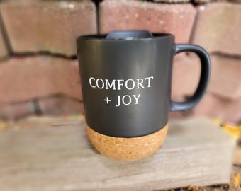 Comfort and Joy Coffee Mug, Minimalist Christmas Cork Bottom Mug with Lid