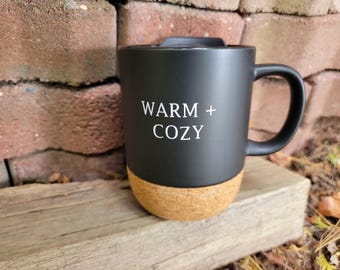 Warm and Cozy Coffee Mug, Minimalist Christmas Cork Bottom Mug with Lid