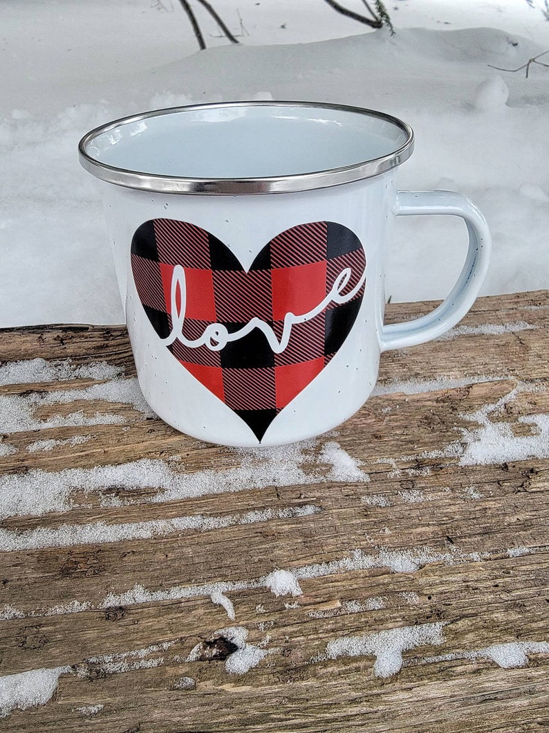 Plaid Love Mug, Valentine's Day Coffee Mug, Valentine Gift, Buffalo Plaid Heart Mug, Valentine's Day Gift, Plaid Campfire Mug image 3