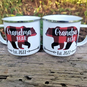 Grandma and Grandpa Bear Mug Set, Grandma Bear Mug, Grandpa Bear, Grandparent Gift, Bear Mug, Buffalo Plaid Camp Mug, Pregnancy Announcement
