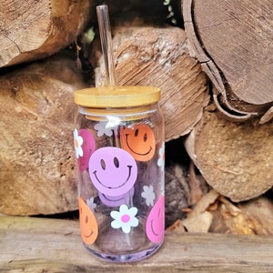Happy Face Iced Coffee Glass Tumbler with Lid and Straw