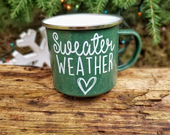 Sweater Weather Campfire Mug: Speckled Enamel, Stainless Steel Rim