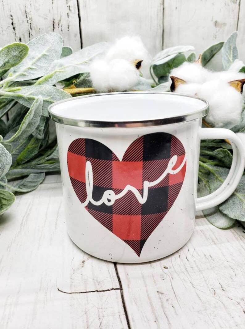 Plaid Love Mug, Valentine's Day Coffee Mug, Valentine Gift, Buffalo Plaid Heart Mug, Valentine's Day Gift, Plaid Campfire Mug image 4