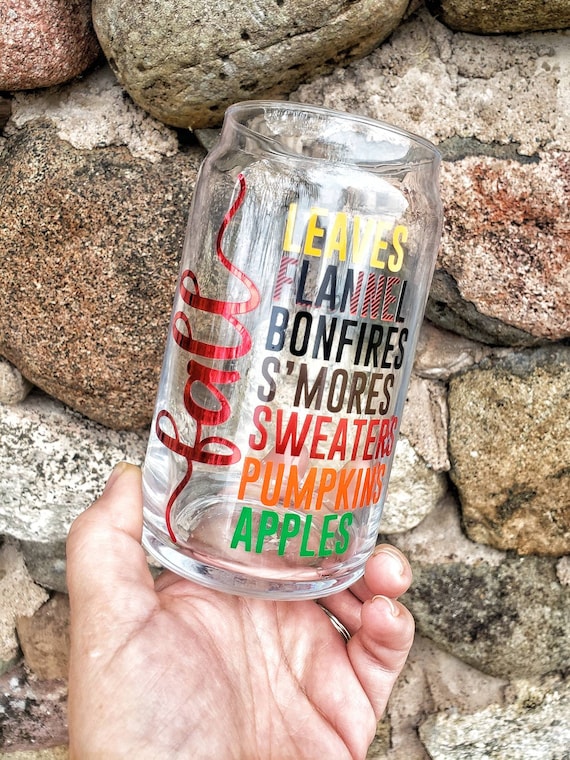 Fall Glass Cup, Autumn Glass Cup, Fall Beer Can Glass, Iced Coffee Cup,  Sweater Weather, Flannel, Pumpkin Glass, Bonfire, S'more, Leaf Cup