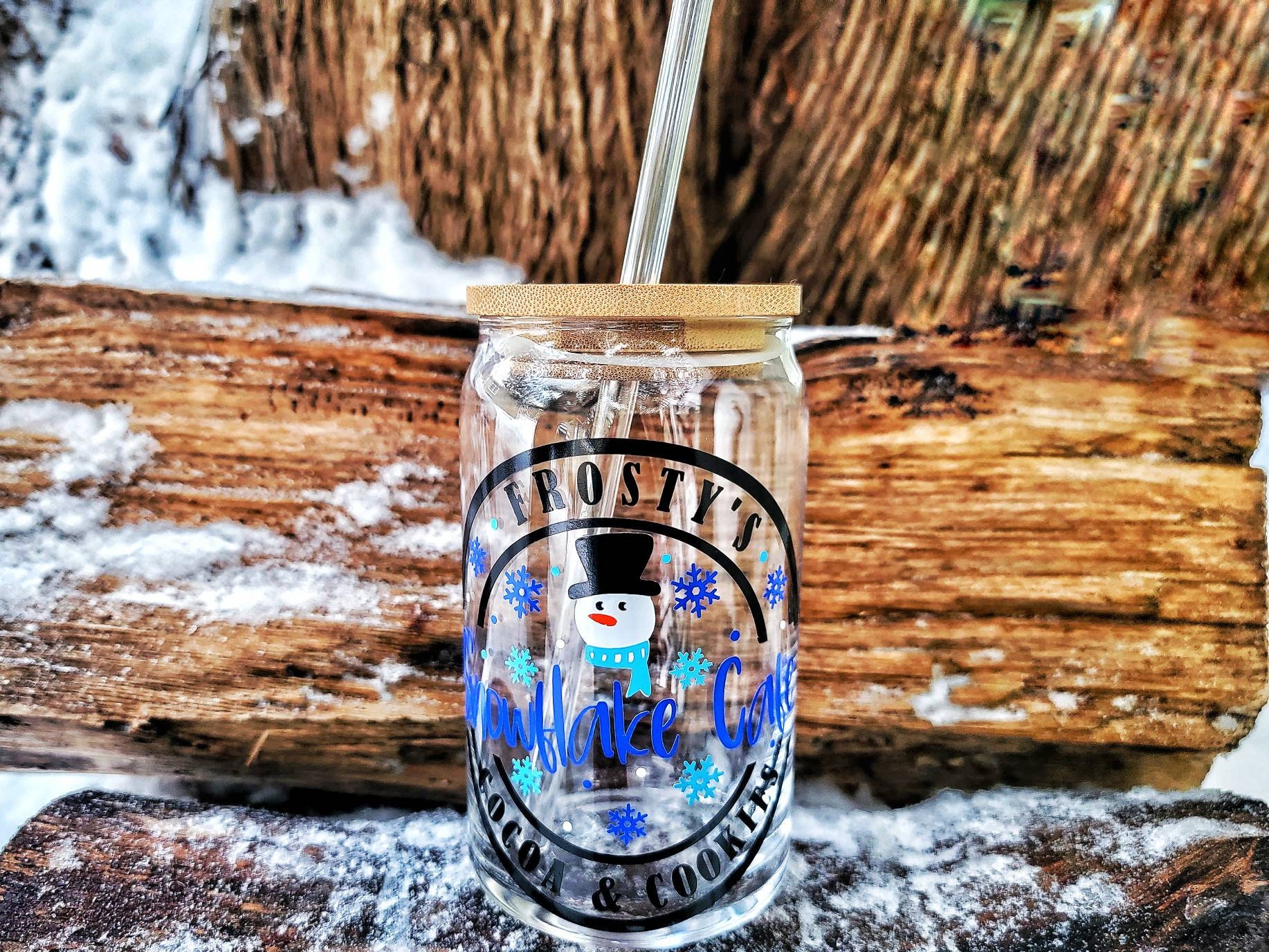 16 oz Pink Reindeer Iced Coffee Glass Cup | Christmas Beer Can Glass With  Bamboo Lid and Straw | Winter Iced Coffee Cup