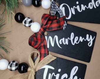 Personalized Buffalo Plaid Farmhouse Christmas Ornament: Beaded Stocking Tag