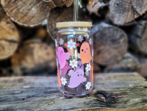 Pastel Ghost Glass Tumbler: Girly Halloween Floral Iced Coffee Cup