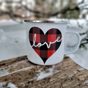 Plaid Love Mug, Valentine's Day Coffee Mug, Valentine Gift, Buffalo Plaid Heart Mug, Valentine's Day Gift, Plaid Campfire Mug image 1