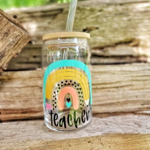 Teacher Beer Can Glass w/ Lid, Rainbow Teacher Gift,  Personalized Teacher Tumbler,  Teacher Appreciation Gift, End of Year Teacher Gift