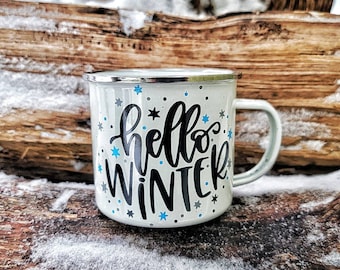 Hello Winter Mug, Winter Coffee Mug, Hot Chocolate Mug, Snowflake Coffee Cup,  Christmas Mug, Stocking Stuffer, Winter Campfire Mug
