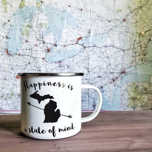 Michigan Coffee Mug, Happiness is a State of Mind Enamel Mug, Michigan Campfire Mug, Michigan Camp Mug, Christmas Gift image 5