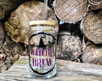 Witches Brew Iced Coffee Glass Tumbler: Halloween Beer Can Cup