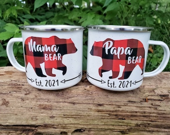 Mama and Papa Bear Mug Set: Buffalo Plaid Camp Mugs, New Parent Gift